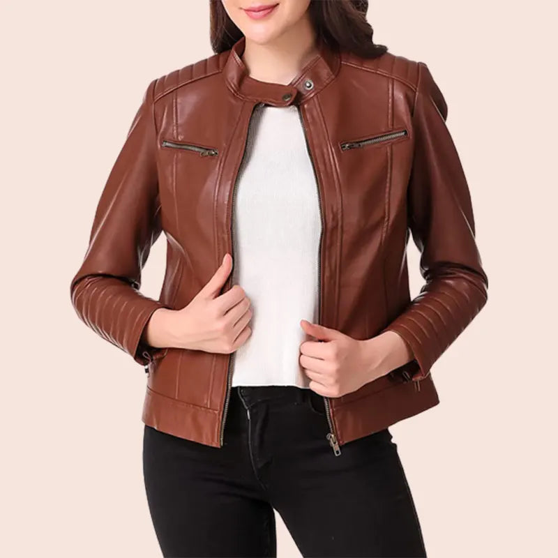 Flora Brown Motorcycle Leather Jacket – theshearlingjacket.com