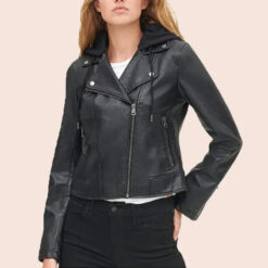 Elia Biker Black Hooded Leather Jacket