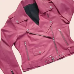 Women Barbie Pink Leather Biker Jacket