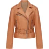 Biker Style Tan Brown Leather Jacket For Women