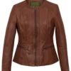 Collar less Brown Leather Jacket