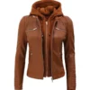 Women Hooded Tan Brown Leather Jacket