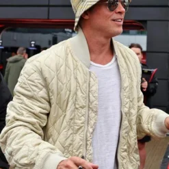 Brad Pitt White Quilted Jacket