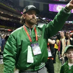 Super-Bowl-LIX-Bradley-Cooper-Eagles-Green-Satin-Varsity-Jacket