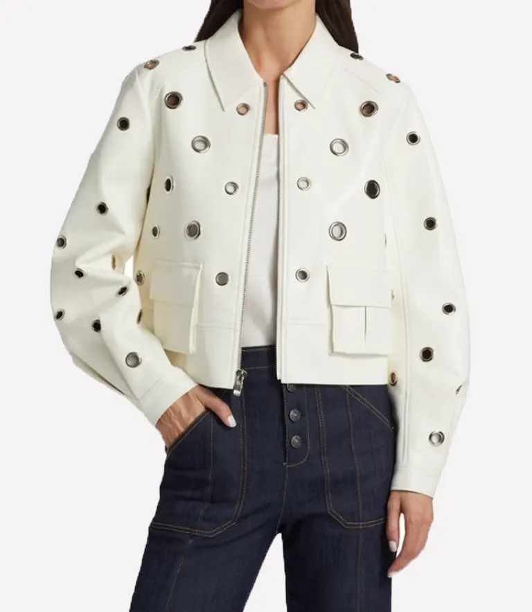 Joy Behar White Grommet Detail Faux Leather Jacket Joy Behar White Grommet Detail The View Leather Jacket