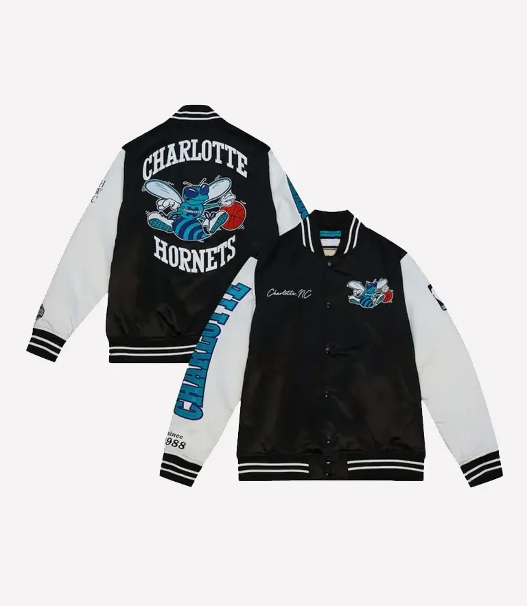 Team Origins Charlotte Hornets Satin Black Jacket Team Origins Charlotte Hornets Satin Jacket