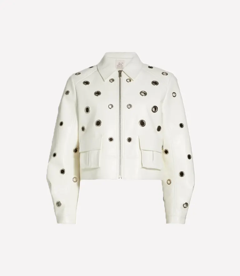 The View 2025 Joy Behar White Grommet Detail Jacket Joy Behar White Grommet Detail Faux Leather Jacket
