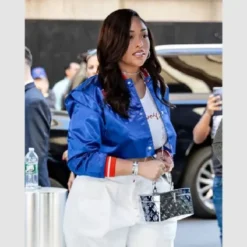 Jordyn Woods Knicks Game Crop Blue Satin Jacket