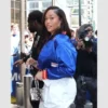 Knicks Game Jordyn Woods Crop Blue Satin Jacket