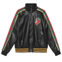 Gucci Black Leather Strawberry Patch Mens Track Jacket
