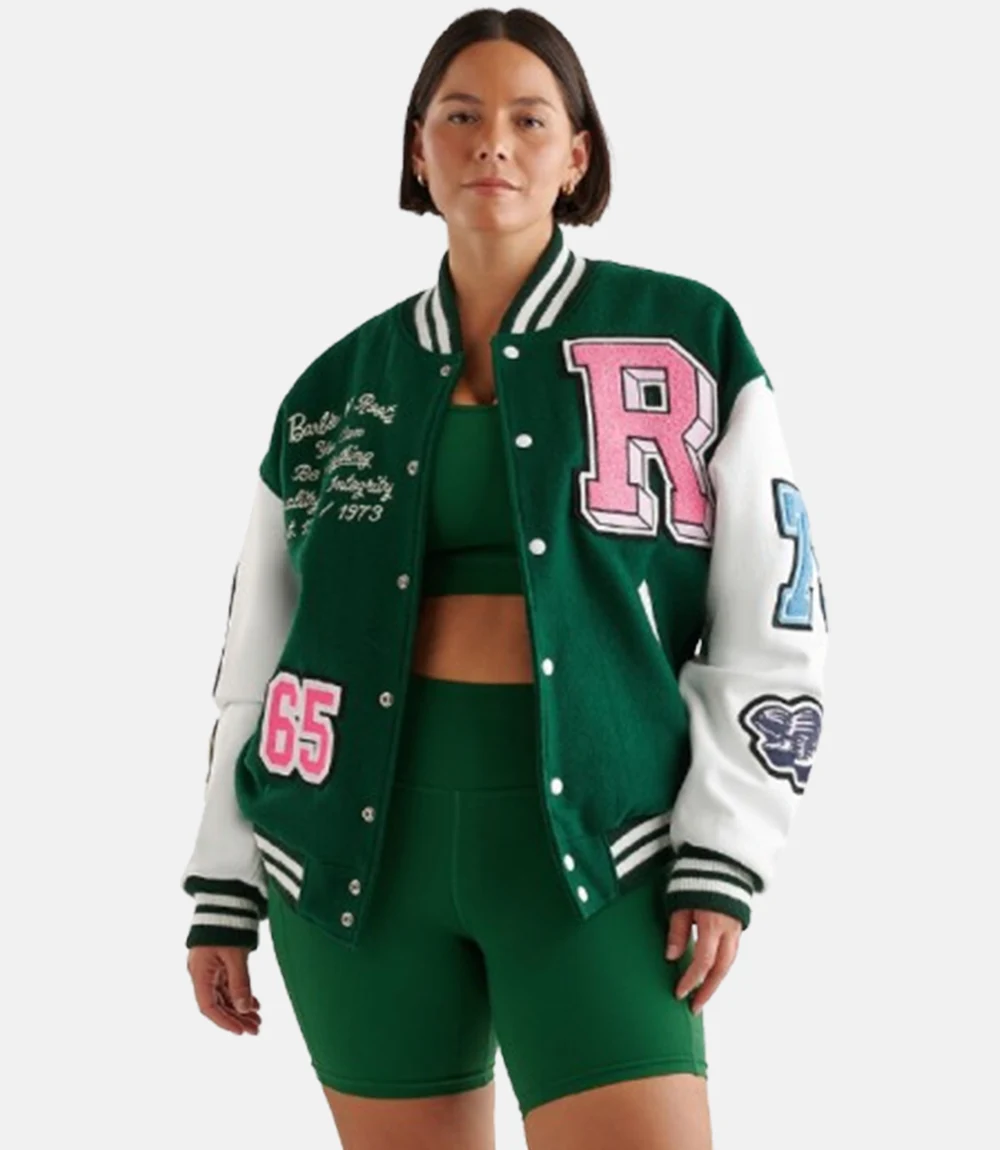 Barbie X Roots 65 Bomber Varsity Jacket Barbie X Roots 65 Green Varsity Jacket