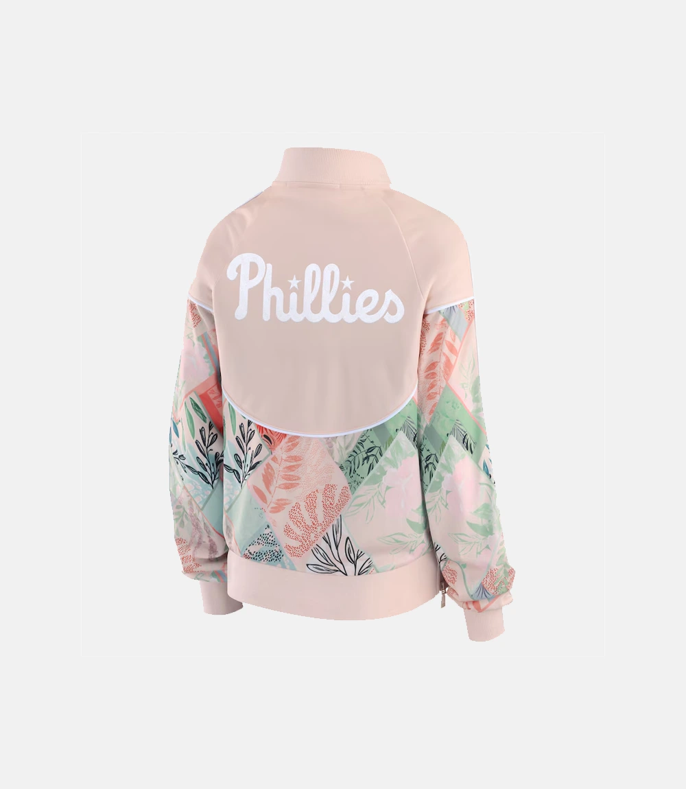 Philadelphia Phillies Erin Andrews Sand Raglan Pink Bomber Jacket Philadelphia Phillies Erin Andrews Sand Raglan Track Jacket Pink