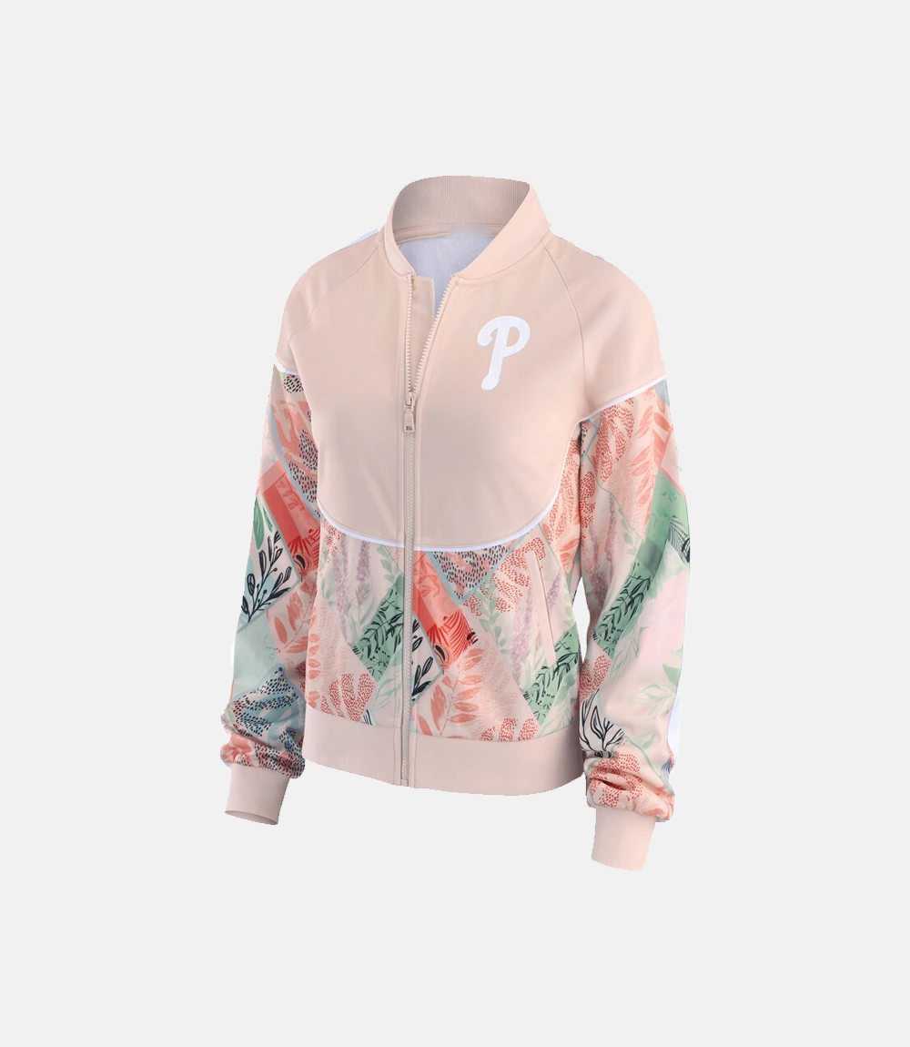Philadelphia Phillies Erin Andrews Sand Raglan Track Pink Jacket Philadelphia Phillies Erin Andrews Sand Raglan Pink Bomber Jacket
