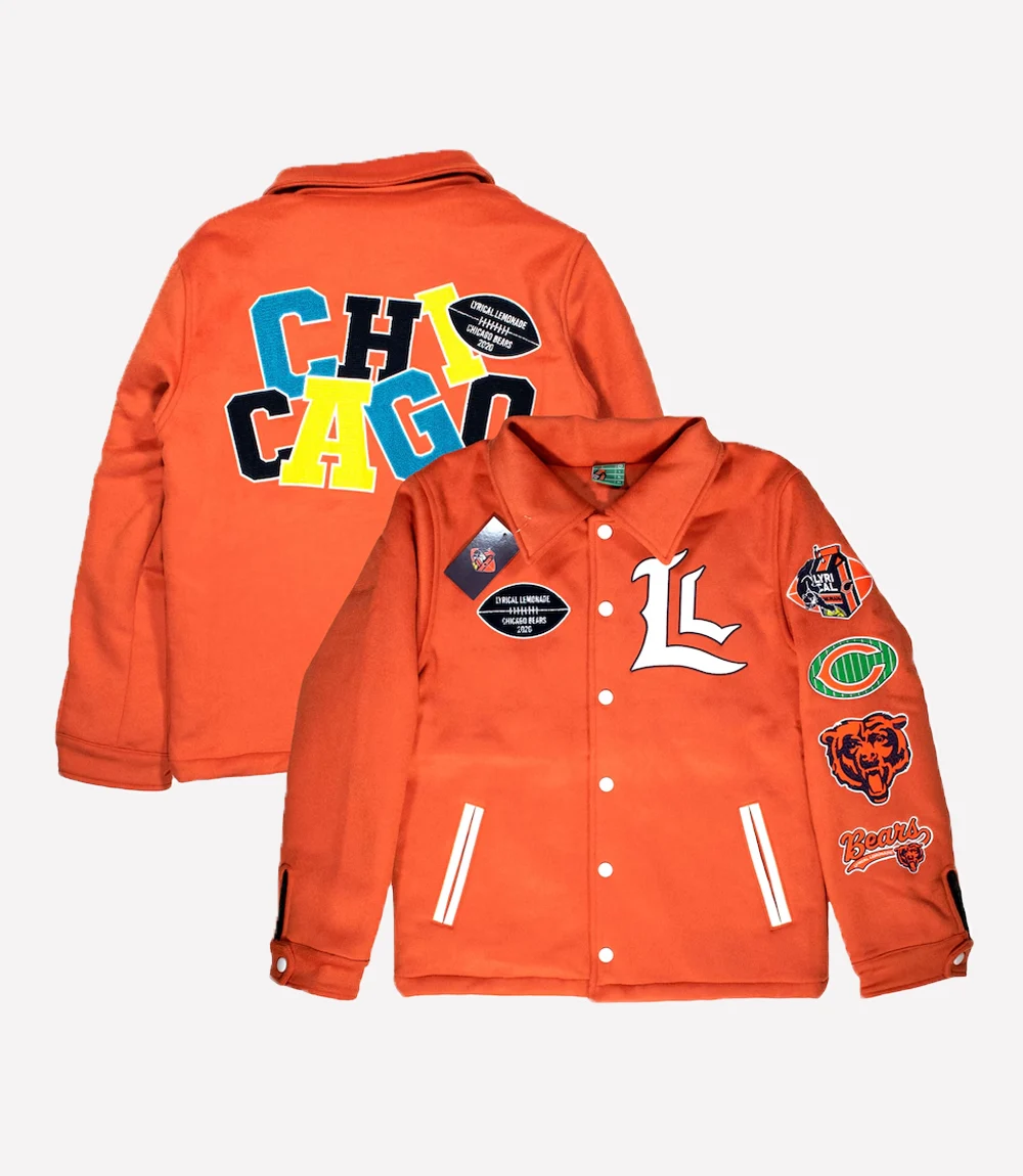 Lyrical Lemonade x Orange Chicago Bears Full-Snap Varsity Jacket Lyrical Lemonade Orange Chicago Bears Varsity Jacket