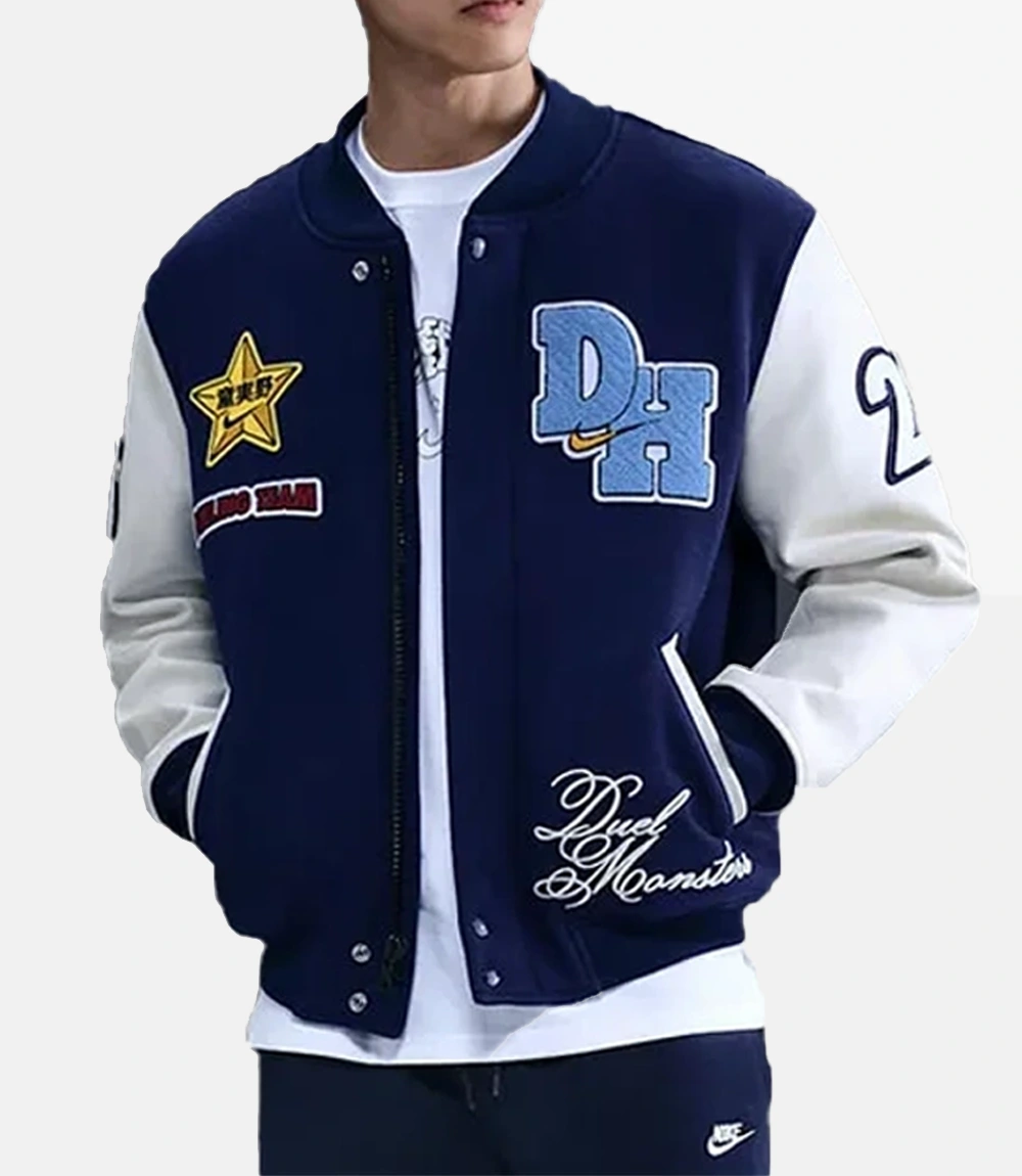 Nike x Yu-Gi-Oh Destroyer Blue Bomber Jacket Nike x Yu-Gi-Oh Varsity Jacket Blue