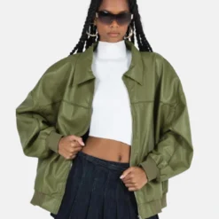 Goldsmith Faux Leather Bomber Jacket Green