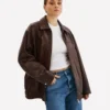Theia Oversized Dark Brown Color Leather Bomber Jacket