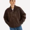 Theia Oversized Dark Brown Leather Bomber Jacket