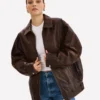 Theia Oversized Brown Leather Bomber Jacket