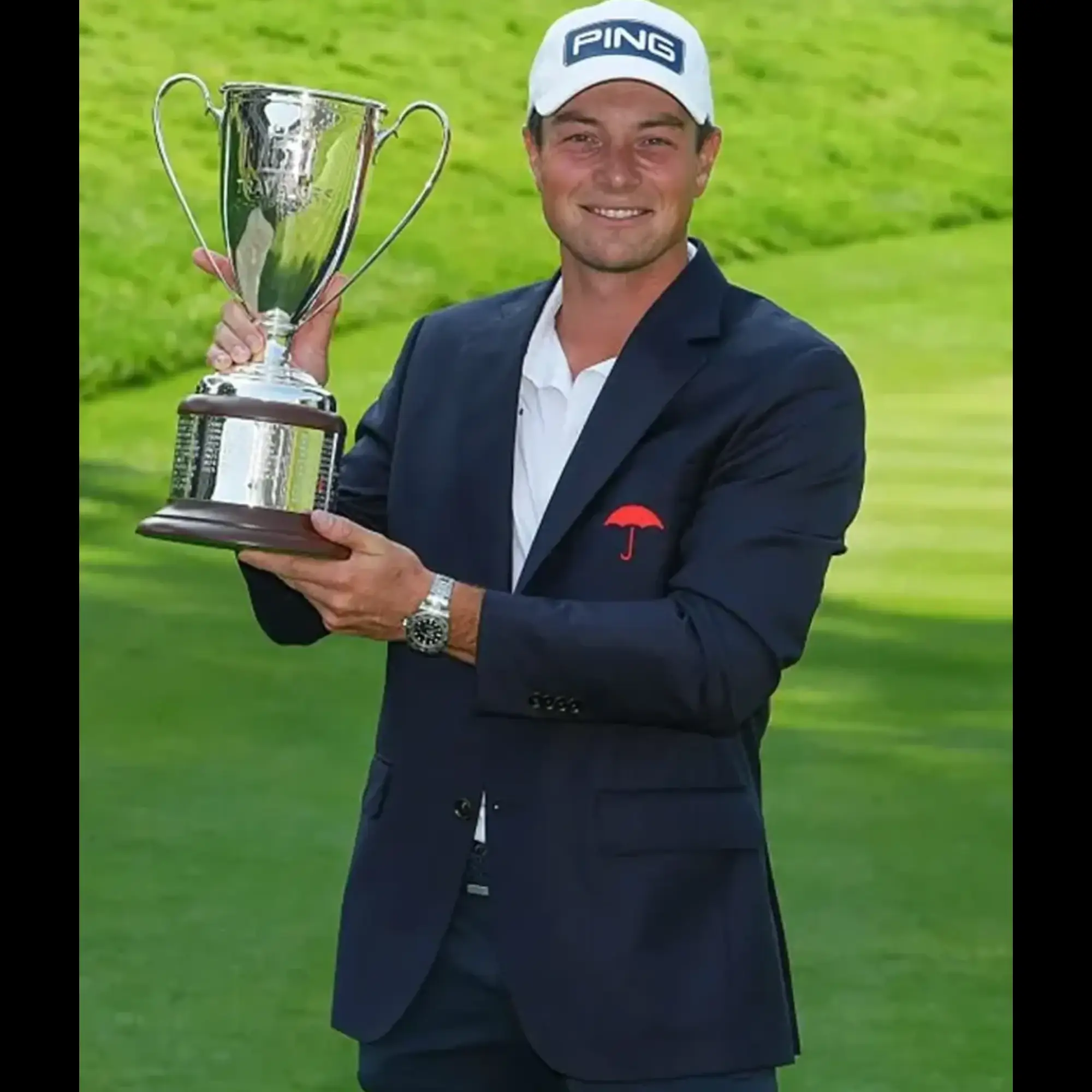 Travelers Championship 2026 Viktor Hovland Umbrella Logo Navy Blue Blazer Viktor Hovland 2026 Blue Blazer